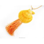 Sea Shell Pendant, Orange Seashell Seep Necklace In Silver with Silk Tassel, Scallop Shell Pendant with matching Cord Necklace, Real Natural Sea Shell Necklace