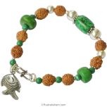 Green Turquoise and Rudraksha Beads Silver Bracelet with Fish Pendant and Silver Accessories