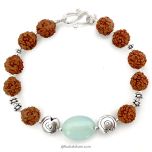 Green Stone Bead and Rudraksha Bracelet with Silver Accessories | Green stone Rudraksha Combination Hand Bracelet
