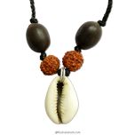 Wholesale Pack of 10 - Kauri Pendant with Rudraksha Beads and Lotus Seed Beads, Kaudi Pendant Necklace With Kamal Gatta Seed Beads and Rudraksha, Cowry Shell Pendant in Silver Wire