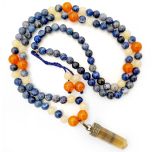 Smoky Quartz Pencil Pendant with Carnelian, Lapis Lazuli and Yellow Aventurine Gemstone Beads Necklace in Thread | Smoky Quartz Chakra Mala