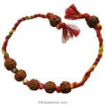 Rudraksha Moli Band - Raksha Sutra with Rudraksha Beads, Rudraksha Wrist Bracelet with KALAWA Dhaga Sacred Thread, Red and Saffron Combo Color Mouli 