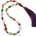 Navratna Japa Mala with Silver Accessories, 9 Gemstone Rosary | Navgrah Stone Japa Mala, Ruby, Pearl, Coral, Emerald, Golden Topaz, Sphatik, Blue Sapphire, Gomed & Cat's Eye