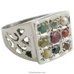 Navratna Ring in Silver | Navgrah Stone Ring, Ruby, Pearl, Coral, Emerald, Golden Topaz, Zircon, Blue Sapphire, Gomed, Cat's Eye, 9 Gemstone Silver Ring , Square Navratna Silver Ring