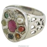 Silver Navratna Ring | Navgrah Stone Ring, Ruby, Pearl, Coral, Emerald, Golden Topaz, Zircon, Blue Sapphire, Gomed, Cat's Eye, 9 Gemstone Silver Ring, Round Navratna Silver Ring