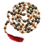 Panch Bhoot Mala | A Combination of 108 beads of Sandalwood ( Red Chandan ), Lotus Seed ( Kamal Gatta ), Rudraksha, Quartz Crystal ( Sphatik ) and Tulsi Beads