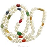 Pearl Navratna Mala | 9 Gemstone Necklace with White Pearl Beads | Navgraha Stone Mala, Ruby, Coral, Emerald, Golden Topaz, Sphatik, Blue Sapphire, Gomed & Cat's Eye 