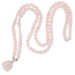 Rose Quartz Necklace 36 inch, Natural Rose Quartz ( Crystal ) smooth Round Beads Mala Rosary and Rose Quartz stone Pendant with Silver Accessories