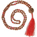 Rudraksha Beads - Round Red Coral Gemstone Beads combination Mala Rosary Hand knotted in Thread With 3 Mukhi Rudraksha, Mars Mala / Mangal Mala
