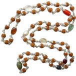 6mm Rudraksha - Navratna Navgrah Mala Necklace | Rudraksha 9 Gems Rosary in Silver Caps | Rudraksha Navratna Beads Kantha Mala