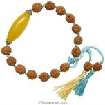 Yellow Stone Bead and Rudraksha Adjustable Wrist Band in Sky Blue Thread and Twin Tassel | Yellow Stone Mala Bracelet