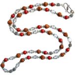 Rudraksha-Sphatik-Coral mala in Silver| Rudraksha Crystal / Quartz Stone Moonga Round Beads Necklace | 54 beads Mala Rosary