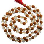 7mm Rudraksha Sphatik Mala Rosary | Crystal Quartz and Rudraksha Combination Mala Necklace | 108 Round Beads Meditation Mala