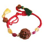 Sagittarius Zodiac Sun Sign Wrist Band | Dhanu Rashi Thread Bracelet | A Combination of 5 Mukhi Rudraksha Bead with Ruby & Golden Topaz Gemstone Beads in Silver | Energised Mala Bracelet