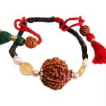 Scorpio Zodiac Sun Sign Wrist Band | Vrishchik ( Vrischika ) Rashi Thread Bracelet | A Combination of 5 Mukhi Rudraksha Bead with Pearl & Golden Topaz Gemstone Beads in Silver | Energised Mala Bracelet