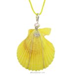 Seep Pendant Necklace, Yellow Seashell with Pearl Bead Necklace In Silver, Scallop Shell Silver Pendant with Yellow Cord Necklace, Real Natural Sea Shell