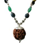 Taurus Sun Sign Zodiac Pendant | Vrishabh ( Vrishabha ) Rashi Pendant | A Combination of 4 Mukhi Rudraksha Bead Pendant with Emerald & Blue Sapphire Gemstone Beads in Silver | Energised Pendant