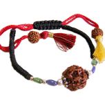 Taurus Zodiac Sun Sign Wrist Band | Vrishabh ( Vrishabha ) Rashi Thread Bracelet | A Combination of 4 Mukhi Rudraksha Bead with Emerald & Blue Sapphire Gemstone Beads in Silver | Energised Mala Bracelet