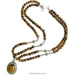 Natural Tiger Eye Gemstone Necklace, 2 lines Tiger Eye Mala with Tiger Eye Stone Silver Pendant, Smooth Round Tiger's Eye Beads Necklace