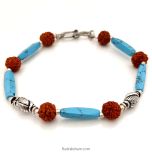 Turquoise and Rudraksha Beads Bracelet with Silver Accessories, Turquoise Pipe Shaped Beads