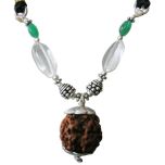 Virgo Sun Sign Zodiac Pendant | Kanya Rashi Pendant | A Combination of 4 Mukhi Rudraksha Bead Pendant with Emerald & Sphatik ( Quartz / Crystal ) Gemstone Beads in Silver | Energised Pendant