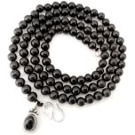 Natural Black Agate - Hakik Stone Beads Wrist Mala Bracelet with Black Onyx Silver Pendant | Original 108 Smooth Round Hakik Beads Bracelet with Silver Hook 