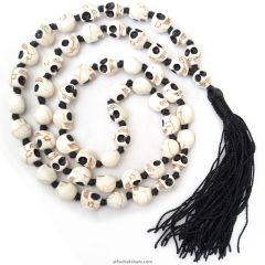 Narmund Mala - Skull Rosary, Bone Mala Necklace, Mund Mala Rosary, 54 + 1 Beads Black Eye Skull Beads, 10 mm hand knotted Skull Beads Rosary