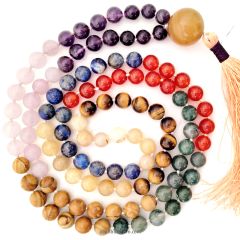 Chakra Mala Rosary In Thread | Gemstone Healing Chakra Mala Necklace | Rose Quartz, Orange Carnelian, Amethyst, Camel Agate, Moss Agate, Lapis Lazuli, Yellow Aventurine, Tiger Eye Beads