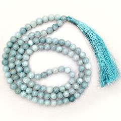 Aquamarine Mala Rosary, Natural Round Aquamarine Gemstone 108 + 1 Beads Necklace | Original Aquamarine Stone Chakra Mala