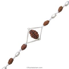 2 Mukhi Rudraksha and Pearl Silver Bracelet | Two Mukhi Rudraksha Indian & Java Beads Silver Bracelet | Do Mukhi Rudraksha & Pearl Beads wrist Bracelet with Silver Caps