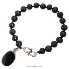 Natural Black Agate ( Kali Hakik )  Smooth Round Beads Mala Bracelet with Black Onyx Silver Pendant | Protection from Evil eye
