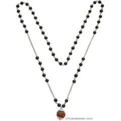  Natural Black Agate ( Kali Hakik ) 54 Beads Mala Necklace with Silver Chain | Black Hakik Smooth Round Beads Necklace with 5 Mukhi Rudraksha Silver Pendant