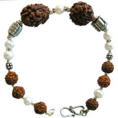 Cancer Zodiac Sun Sign Bracelet | Kark ( Karka ) Rashi Bracelet | A Combination of 2 Mukhi Rudraksha Bead and 3 Mukhi Rudraksha Bead with Pearl Gemstone Beads in Silver | Energised Bracelet