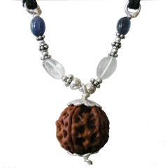 Capricorn Sun Sign Zodiac Pendant | Makar Rashi Pendant | A Combination of 6 Mukhi Rudraksha Bead Pendant with Blue Sapphire & Sphatik ( Crystal / Quartz ) Gemstone Beads in Silver | Energised Pendant