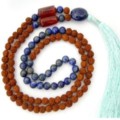 Rudraksha Beads Lapis Lazuli Gemstone and Orange Carnelian Gemstone Beads Healing Mala Necklace | 108 Beads Chakra Mala Rosary with Silver Accessories and Tassel 