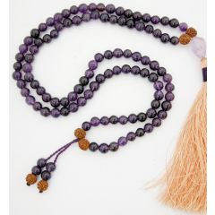 Amethyst Gemstone Beads and Rudraksha Beads Healing Mala Necklace | 108 Smooth Round Beads Chakra Mala Rosary with Silk Tassel and Amethyst Cut stone Sumeru