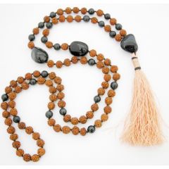 Rudraksha Beads Black Hakik ( Agate ) Beads and Black Onyx Gemstone Beads Healing Mala Necklace | 108 Smooth Round Beads Chakra Mala Rosary Hand knotted with Silk Tassel