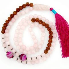 Rudraksha Beads Rose Quartz Gemstone and Pink Onyx Gemstone Beads Healing Mala Necklace | 108 Smooth Round Beads Chakra Mala Rosary with Silver accessories and Tassel
