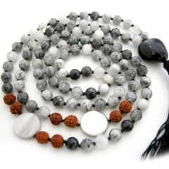 Rudraksha Beads, Rutile Gemstone, Black Onyx Gem and Moonstone Beads Healing Mala Necklace | 108 Smooth Round Beads Handknotted Chakra Mala Rosary with Black Tassel