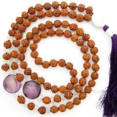 Rudraksha Beads and Moonstone Button Gemstone Beads Healing Mala Necklace | 108 Smooth Round Beads Chakra Mala Rosary handknotted with Silk Tassel