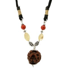 Aries Sun Sign Zodiac Pendant | Mesha ( Mesh ) Rashi Pendant | A Combination of 3 Mukhi Rudraksha Bead Pendant with Coral & Golden Topaz Gemstone Beads in Silver | Energised Pendant