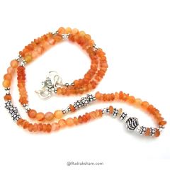 Carnelian Cut Stone Necklace, Orange Carnelian Gemstone Beads Mala Necklace with Silver Accessories