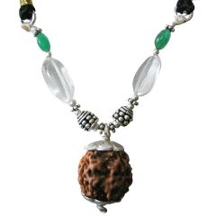 Gemini Sun Sign Zodiac Pendant | Mithun ( Mithuna ) Rashi Pendant | A Combination of 4 Mukhi Rudraksha Bead Pendant with Emerald & Sphatik ( Quartz / Crystal ) Gemstone Beads in Silver | Energised Pendant
