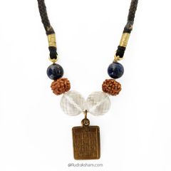 Taurus Sun Sign Zodiac Brass Yantra Pendant | Vrishabh (Vrishabha) Rashi / Venus Pendant | A Combination of 6 Mukhi Rudraksha Beads, Diamond Cut Sphatik and Lapis Lazuli Gemstone Beads
