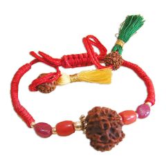 Leo Zodiac Sun Sign Wrist Band | Singh Rashi Thread Bracelet | A Combination of 12 Mukhi Rudraksha Bead with Ruby & Coral Gemstone Beads in Silver | Energised Mala Bracelet