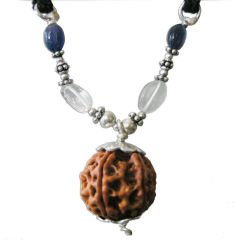 Libra Sun Sign Zodiac Pendant | Tula Rashi Pendant | A Combination of 4 Mukhi Rudraksha Bead Pendant with Sphatik ( Crystal / Quartz ) & Blue Sapphire Gemstone Beads in Silver | Energised Pendant