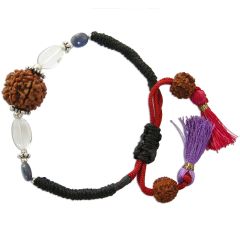 Libra Zodiac Sun Sign Wrist Band |Tula Rashi Thread Bracelet | A Combination of 6 Mukhi Rudraksha Bead with Blue Sapphire & Sphatik ( Crystal / Quartz ) Gemstone Beads in Silver | Energised Mala Bracelet