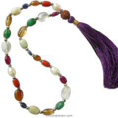 Navratna Japa Mala with Silver Accessories, 9 Gemstone Rosary | Navgrah Stone Japa Mala, Ruby, Pearl, Coral, Emerald, Golden Topaz, Sphatik, Blue Sapphire, Gomed & Cat's Eye