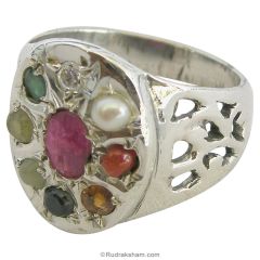 Silver Navratna Ring | Navgrah Stone Ring, Ruby, Pearl, Coral, Emerald, Golden Topaz, Zircon, Blue Sapphire, Gomed, Cat's Eye, 9 Gemstone Silver Ring, Round Navratna Silver Ring