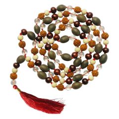 Panch Bhoot Mala | A Combination of 108 beads of Sandalwood ( Red Chandan ), Lotus Seed ( Kamal Gatta ), Rudraksha, Quartz Crystal ( Sphatik ) and Tulsi Beads